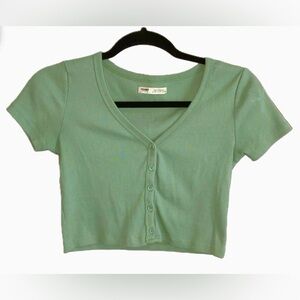 Pull&Bear Updated Garments Cotton Crop Top, Button-up Tee, Medium